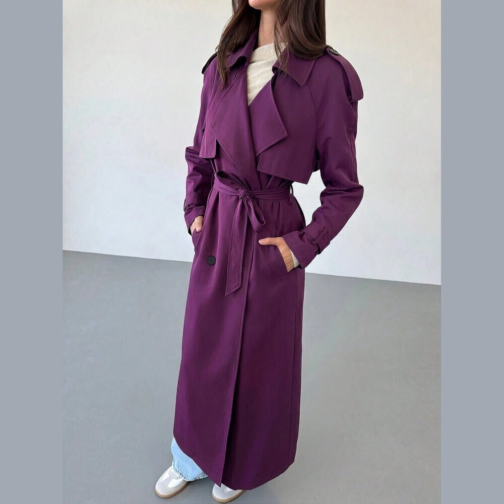 Plum Purple Belted Trench Coat with Notched Lapel Collar